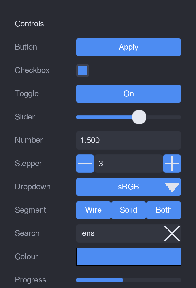 A panel showing one of each control: button, checkbox, toggle, slider, number, stepper, dropdown, segmented, search, colour, progress